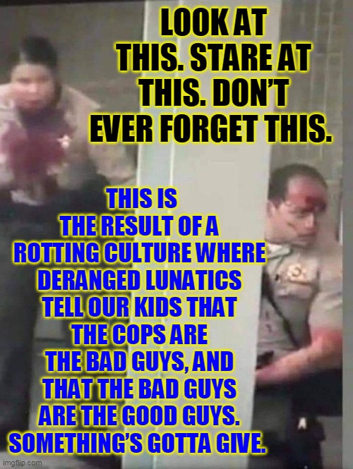 LOOK AT THIS. STARE AT THIS. DON’T EVER FORGET THIS. THIS IS THE RESULT OF A ROTTING CULTURE WHERE DERANGED LUNATICS TELL OUR KIDS THAT THE COPS ARE THE BAD GUYS, AND THAT THE BAD GUYS ARE THE GOOD GUYS. SOMETHING’S GOTTA GIVE. | made w/ Imgflip meme maker