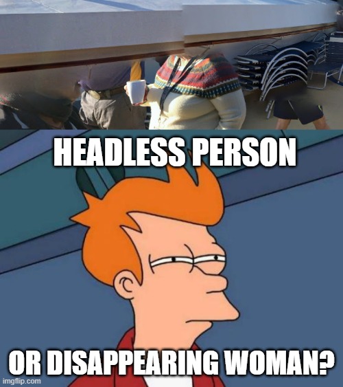 HEADLESS PERSON; OR DISAPPEARING WOMAN? | image tagged in memes,futurama fry | made w/ Imgflip meme maker