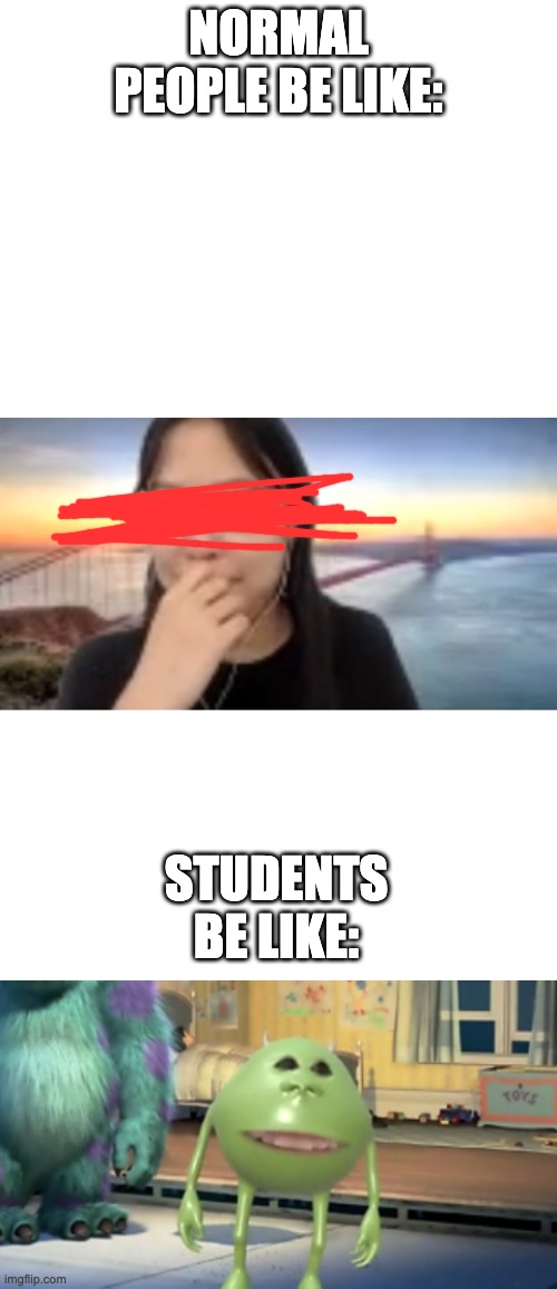 Like how on earth do people do this? | NORMAL PEOPLE BE LIKE:; STUDENTS BE LIKE: | image tagged in blank white template | made w/ Imgflip meme maker