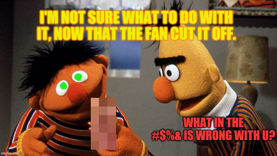 Ernie was so high he stuck it in a fan | WHAT IN THE #$%& IS WRONG WITH U? I'M NOT SURE WHAT TO DO WITH IT, NOW THAT THE FAN CUT IT OFF. | image tagged in ernie and bert discuss rubber duckie,bert and ernie,castration,drugs are bad,penis jokes | made w/ Imgflip meme maker