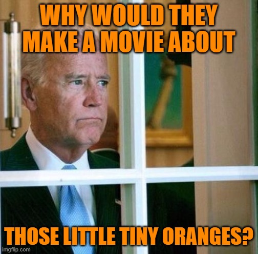 Sad Joe Biden | WHY WOULD THEY MAKE A MOVIE ABOUT THOSE LITTLE TINY ORANGES? | image tagged in sad joe biden | made w/ Imgflip meme maker