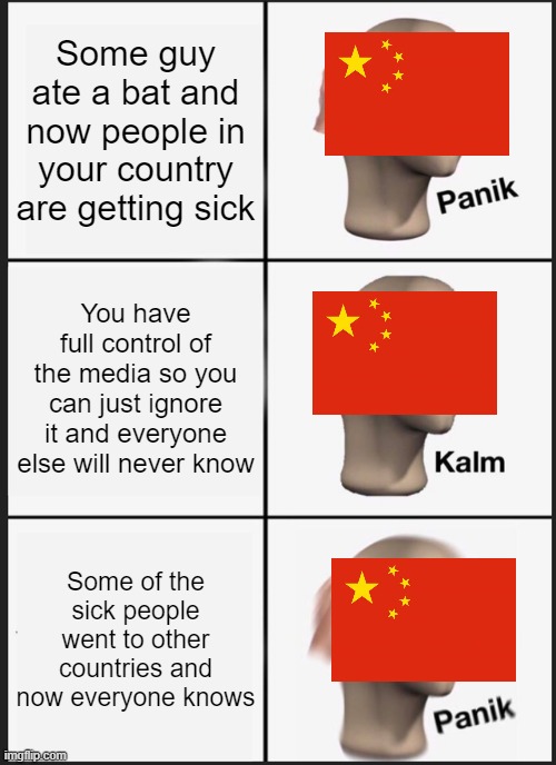 Panik Kalm Panik | Some guy ate a bat and now people in your country are getting sick; You have full control of the media so you can just ignore it and everyone else will never know; Some of the sick people went to other countries and now everyone knows | image tagged in memes,panik kalm panik | made w/ Imgflip meme maker