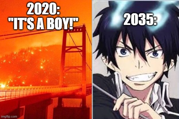 2035:; 2020: "IT'S A BOY!" | image tagged in gender reveal,california fires,wildfire,2020,anime | made w/ Imgflip meme maker