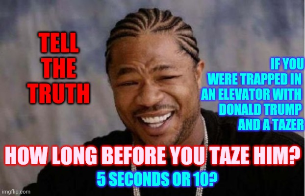 Five Seconds Is Four Seconds Too Long | TELL THE TRUTH; IF YOU
WERE TRAPPED IN 
AN ELEVATOR WITH 
DONALD TRUMP 
AND A TAZER; HOW LONG BEFORE YOU TAZE HIM? 5 SECONDS OR 10? | image tagged in memes,yo dawg heard you,trump unfit unqualified dangerous,liar in chief,lock him up,crimes against humanity | made w/ Imgflip meme maker