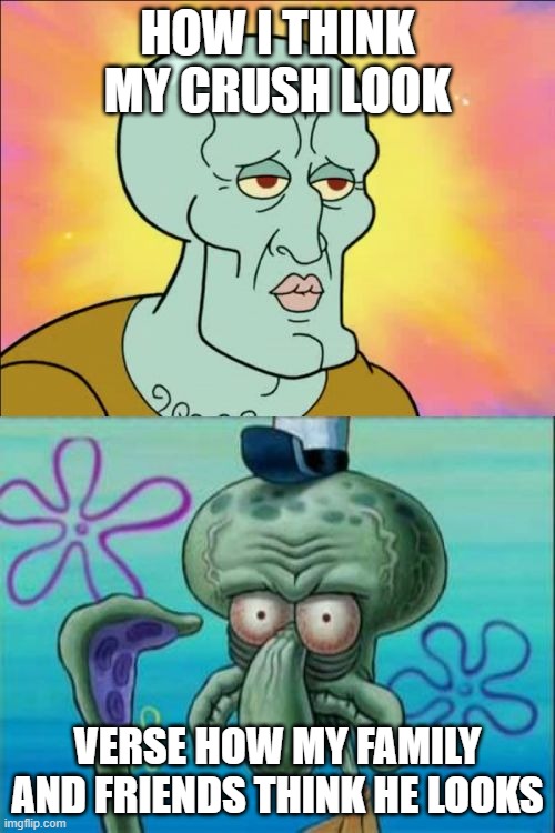 squisward | HOW I THINK MY CRUSH LOOK; VERSE HOW MY FAMILY AND FRIENDS THINK HE LOOKS | image tagged in memes,squidward | made w/ Imgflip meme maker