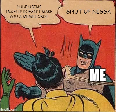 Not a meme just an appreciation post | DUDE USING IMGFLIP DOESN'T MAKE YOU A MEME LORD!!! SHUT UP NIGGA; ME | image tagged in memes,batman slapping robin | made w/ Imgflip meme maker