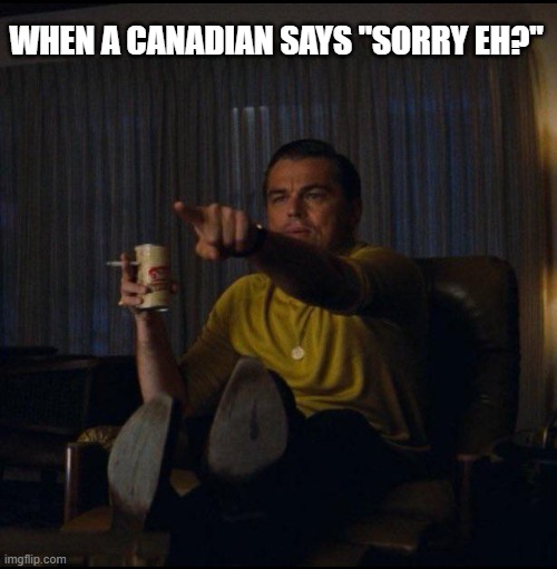 Sorry eh? | WHEN A CANADIAN SAYS "SORRY EH?" | image tagged in leonardo dicaprio pointing,canada,canadians,funny memes | made w/ Imgflip meme maker