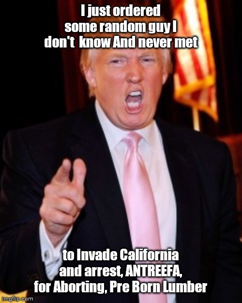 Donald Trump | I just ordered some random guy I don't  know And never met; to Invade California and arrest, ANTREEFA, for Aborting, Pre Born Lumber | image tagged in donald trump | made w/ Imgflip meme maker