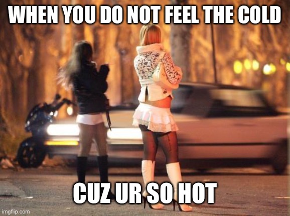 Cold hookers | WHEN YOU DO NOT FEEL THE COLD CUZ UR SO HOT | image tagged in cold hookers | made w/ Imgflip meme maker