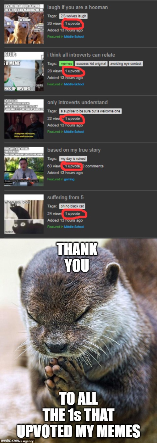 thanks really. 1 upvote is good enough. i made a number of people happy :) | THANK YOU; TO ALL THE 1s THAT UPVOTED MY MEMES | image tagged in thank you lord otter | made w/ Imgflip meme maker