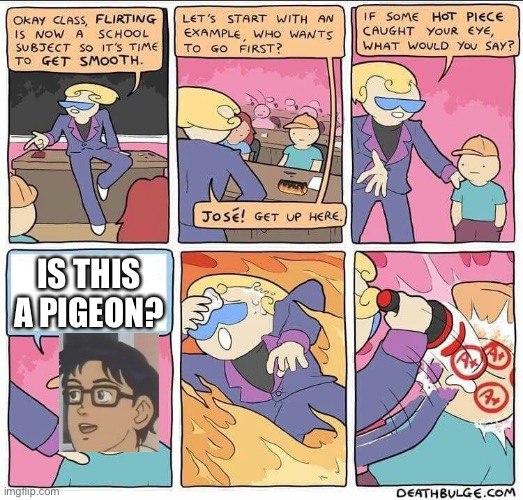 Flirting class | IS THIS A PIGEON? | image tagged in flirting class,is this a pigeon | made w/ Imgflip meme maker