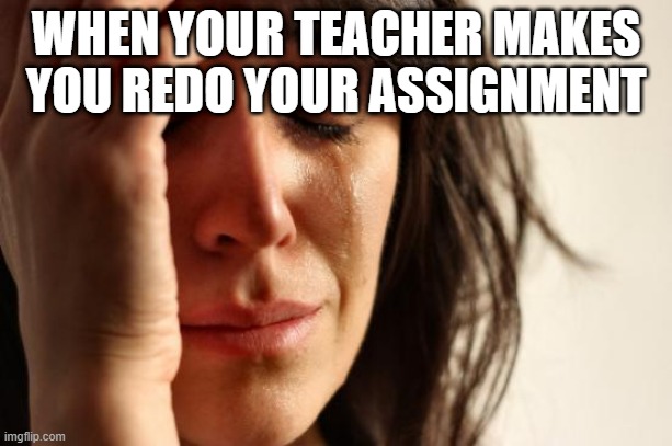 First World Problems Meme | WHEN YOUR TEACHER MAKES YOU REDO YOUR ASSIGNMENT | image tagged in memes,first world problems | made w/ Imgflip meme maker
