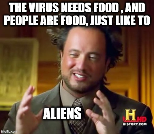 Wear a mask, don't be food | THE VIRUS NEEDS FOOD , AND PEOPLE ARE FOOD, JUST LIKE TO; ALIENS | image tagged in memes,ancient aliens,coronavirus,invasion of the body snatchers,funny not funny,fun | made w/ Imgflip meme maker