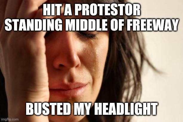 First World Problems | HIT A PROTESTOR STANDING MIDDLE OF FREEWAY; BUSTED MY HEADLIGHT | image tagged in memes,first world problems | made w/ Imgflip meme maker