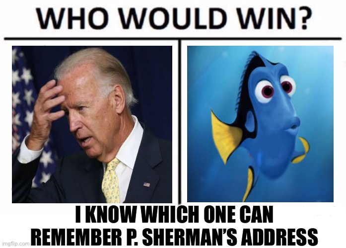 42 Wallaby Way, Sydney Australia | I KNOW WHICH ONE CAN REMEMBER P. SHERMAN’S ADDRESS | image tagged in memes,who would win,joe biden,dory,dementia,president | made w/ Imgflip meme maker
