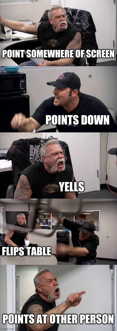 American Chopper Argument Meme | POINT SOMEWHERE OF SCREEN; POINTS DOWN; YELLS; FLIPS TABLE; POINTS AT OTHER PERSON | image tagged in memes,american chopper argument | made w/ Imgflip meme maker