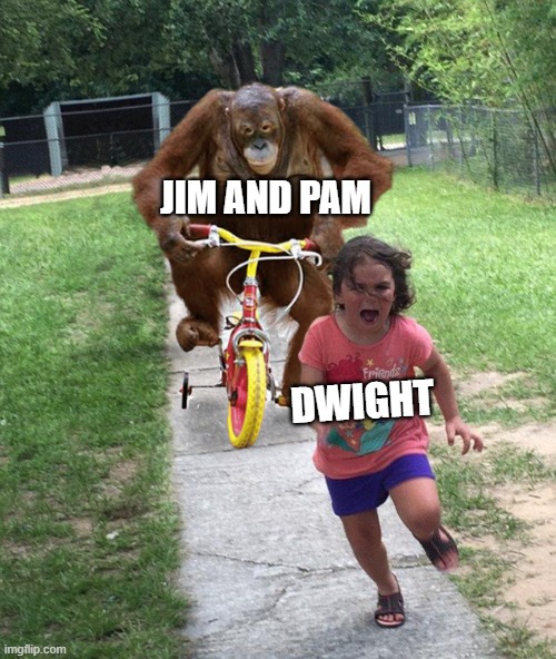 Orangutan chasing girl on a tricycle | JIM AND PAM; DWIGHT | image tagged in orangutan chasing girl on a tricycle,the office | made w/ Imgflip meme maker