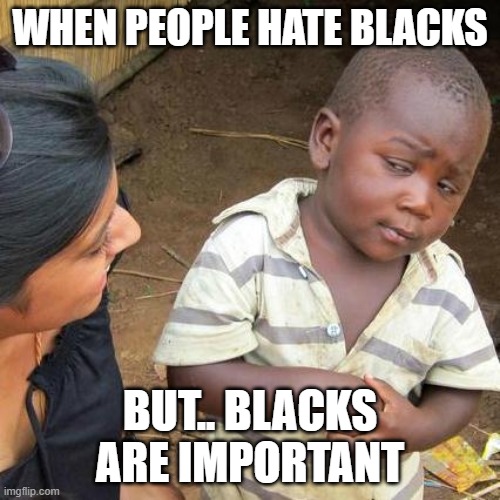 Third World Skeptical Kid Meme | WHEN PEOPLE HATE BLACKS; BUT.. BLACKS ARE IMPORTANT | image tagged in memes,third world skeptical kid | made w/ Imgflip meme maker