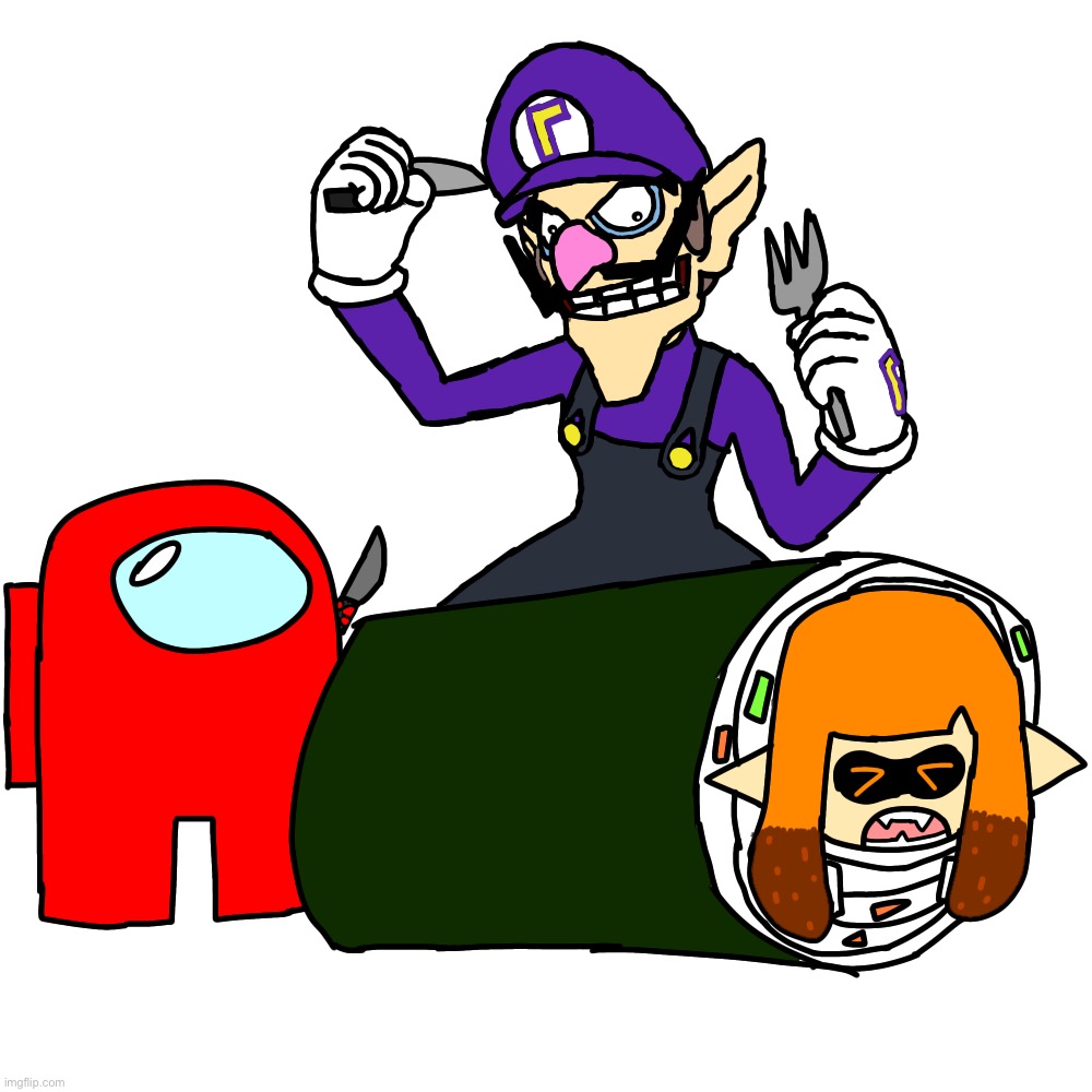 Waluigi and red impostor cooking show: Role up the Susshhh-i | image tagged in funny,waluigi,among us,impostor,drawings,inkling | made w/ Imgflip meme maker