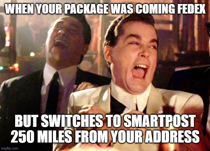 Smartpost not so smart | WHEN YOUR PACKAGE WAS COMING FEDEX; BUT SWITCHES TO SMARTPOST 250 MILES FROM YOUR ADDRESS | image tagged in memes,good fellas hilarious | made w/ Imgflip meme maker