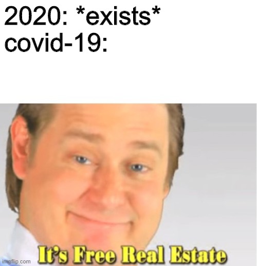 Lmao | 2020: *exists*
covid-19: | image tagged in it's free real estate,covid-19,2020,relatable | made w/ Imgflip meme maker