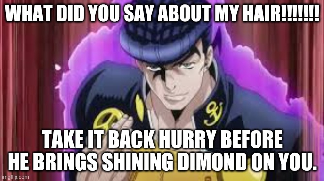 JJBA | WHAT DID YOU SAY ABOUT MY HAIR!!!!!!! TAKE IT BACK HURRY BEFORE HE BRINGS SHINING DIMOND ON YOU. | image tagged in jjba,funny,fun,anime | made w/ Imgflip meme maker