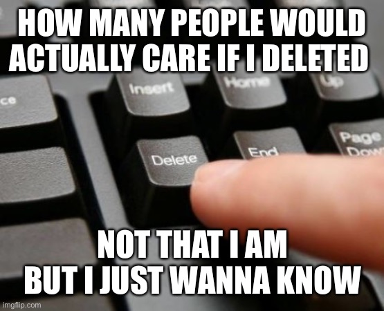 Like how would you feel , and I’m not deleting but  just wanna know | HOW MANY PEOPLE WOULD ACTUALLY CARE IF I DELETED; NOT THAT I AM BUT I JUST WANNA KNOW | image tagged in delete | made w/ Imgflip meme maker