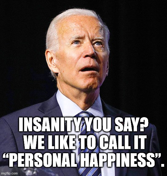 Insanity might be a little strong. | INSANITY YOU SAY?  WE LIKE TO CALL IT “PERSONAL HAPPINESS”. | image tagged in joe biden,insanity,confused | made w/ Imgflip meme maker