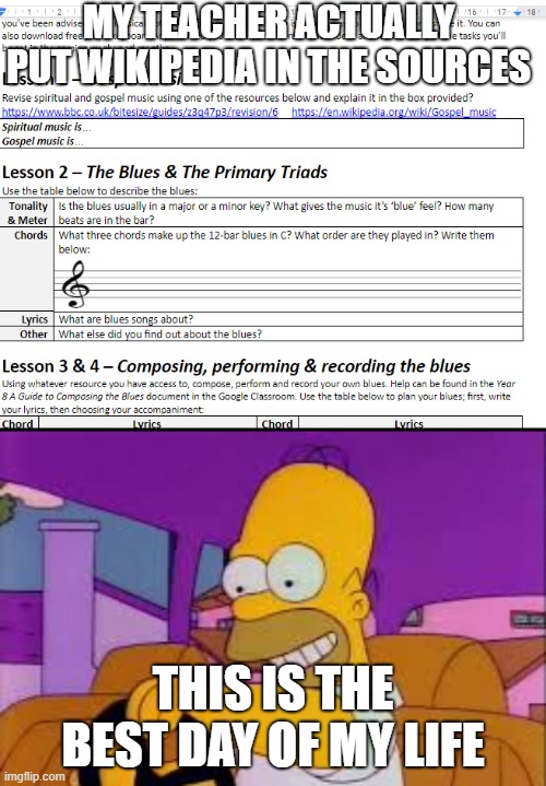 MY TEACHER ACTUALLY PUT WIKIPEDIA IN THE SOURCES; THIS IS THE BEST DAY OF MY LIFE | image tagged in this is the best,teacher uses wikipedia | made w/ Imgflip meme maker
