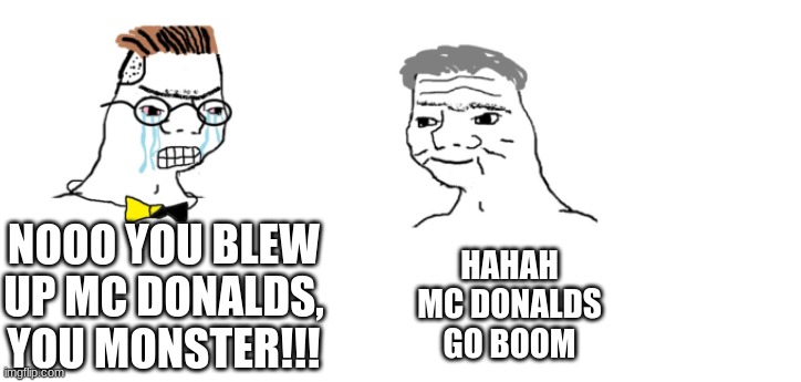 nooo haha go brrr | HAHAH MC DONALDS GO BOOM; NOOO YOU BLEW UP MC DONALDS, YOU MONSTER!!! | image tagged in nooo haha go brrr | made w/ Imgflip meme maker