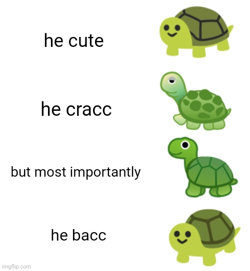 Hooray for Android users! | he cute; he cracc; but most importantly; he bacc | image tagged in he protec he attac but most importantly,he protec,he protecc,emoji,turtle,memes | made w/ Imgflip meme maker