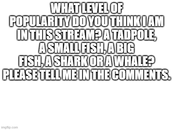 Just curious... | WHAT LEVEL OF POPULARITY DO YOU THINK I AM IN THIS STREAM? A TADPOLE, A SMALL FISH, A BIG FISH, A SHARK OR A WHALE? PLEASE TELL ME IN THE COMMENTS. | image tagged in blank white template,just curious | made w/ Imgflip meme maker