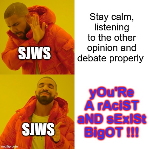 The world would be better, with more interesting debates, but less conservative memes... | Stay calm, listening to the other opinion and debate properly; SJWS; yOu'Re A rAciST aND sExISt BigOT !!! SJWS | image tagged in memes,drake hotline bling,sjws,debate,opinion | made w/ Imgflip meme maker