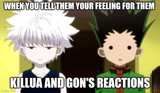HunterxHunter | WHEN YOU TELL THEM YOUR FEELING FOR THEM; KILLUA AND GON'S REACTIONS | image tagged in hunter x hunter,funny,fun,anime | made w/ Imgflip meme maker