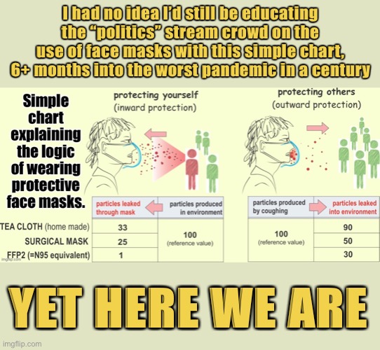 Yet here we are. Saved as a meme template, “face mask chart” if you need it. | I had no idea I’d still be educating the “politics” stream crowd on the use of face masks with this simple chart, 6+ months into the worst pandemic in a century; YET HERE WE ARE | image tagged in face mask chart captioned,pandemic,face mask,science,social distancing,covid-19 | made w/ Imgflip meme maker