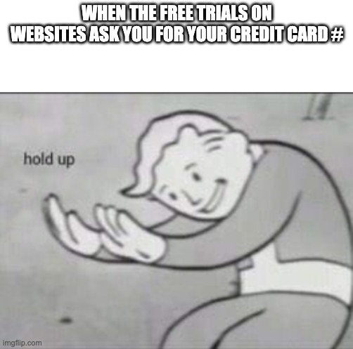 It's not a scam! I promise! | WHEN THE FREE TRIALS ON WEBSITES ASK YOU FOR YOUR CREDIT CARD # | image tagged in fallout hold up | made w/ Imgflip meme maker