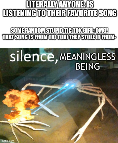 Silence, lesser ones | LITERALLY ANYONE: IS LISTENING TO THEIR FAVORITE SONG; SOME RANDOM STUPID TIC TOK GIRL: OMG! THAT SONG IS FROM TIC TOK! THEY STOLE IT FROM-; MEANINGLESS BEING | image tagged in silence crab,tic tok sucks,memes | made w/ Imgflip meme maker
