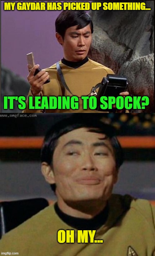 MY GAYDAR HAS PICKED UP SOMETHING... IT'S LEADING TO SPOCK? OH MY... | image tagged in gaydar sulu star trek,sulu | made w/ Imgflip meme maker