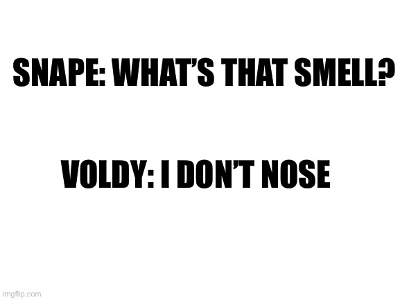 HP PUNS FOREVER | SNAPE: WHAT’S THAT SMELL? VOLDY: I DON’T NOSE | image tagged in blank white template | made w/ Imgflip meme maker