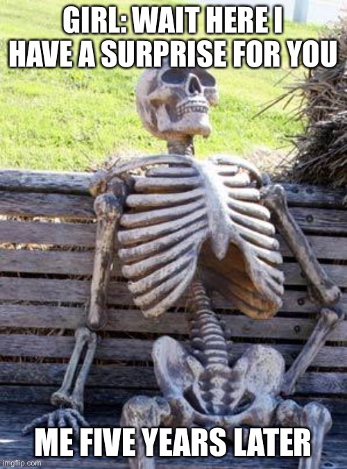 Tht one girl you liked in college | GIRL: WAIT HERE I HAVE A SURPRISE FOR YOU; ME FIVE YEARS LATER | image tagged in memes,waiting skeleton | made w/ Imgflip meme maker