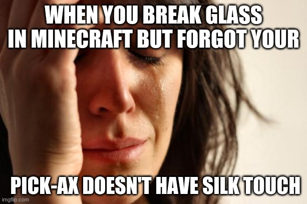 A Mine-craft tragedy | WHEN YOU BREAK GLASS IN MINECRAFT BUT FORGOT YOUR; PICK-AX DOESN'T HAVE SILK TOUCH | image tagged in memes,first world problems | made w/ Imgflip meme maker