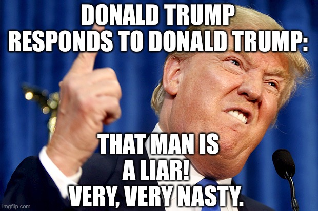 Donald Trump | DONALD TRUMP RESPONDS TO DONALD TRUMP: THAT MAN IS A LIAR!  VERY, VERY NASTY. | image tagged in donald trump | made w/ Imgflip meme maker