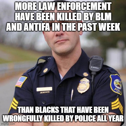 More law enforcement have been killed in the last two weeks than the number of wrongfully killed black people all year | MORE LAW ENFORCEMENT HAVE BEEN KILLED BY BLM AND ANTIFA IN THE PAST WEEK; THAN BLACKS THAT HAVE BEEN WRONGFULLY KILLED BY POLICE ALL YEAR | image tagged in cop | made w/ Imgflip meme maker