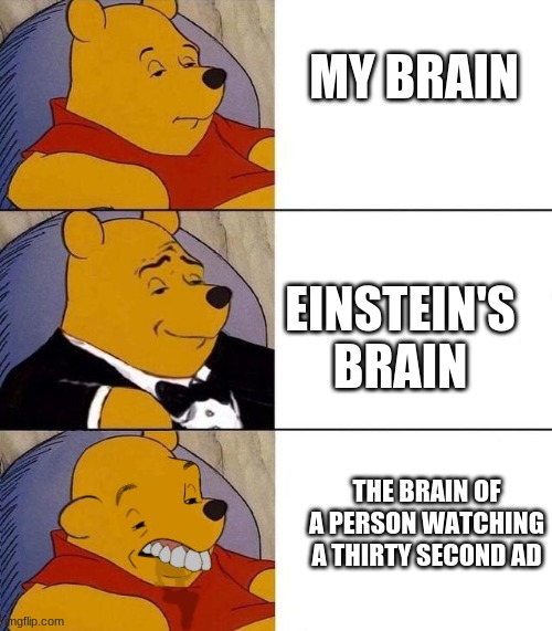 Brains | MY BRAIN; EINSTEIN'S BRAIN; THE BRAIN OF A PERSON WATCHING A THIRTY SECOND AD | image tagged in best better blurst | made w/ Imgflip meme maker