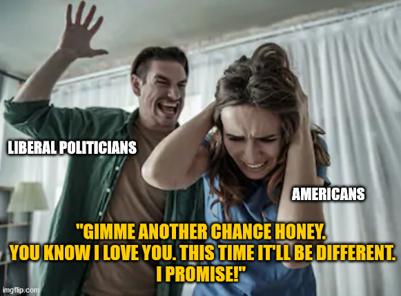 Same song, different election.  Nothing changes and the democrats keeping voting these clowns in.  Not in 2020! | LIBERAL POLITICIANS; "GIMME ANOTHER CHANCE HONEY.  YOU KNOW I LOVE YOU. THIS TIME IT'LL BE DIFFERENT.
I PROMISE!"; AMERICANS | image tagged in domestic abuse,domestic violence,liberal hypocrisy,democratic party,battery | made w/ Imgflip meme maker