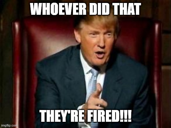 Donald Trump | WHOEVER DID THAT THEY'RE FIRED!!! | image tagged in donald trump | made w/ Imgflip meme maker