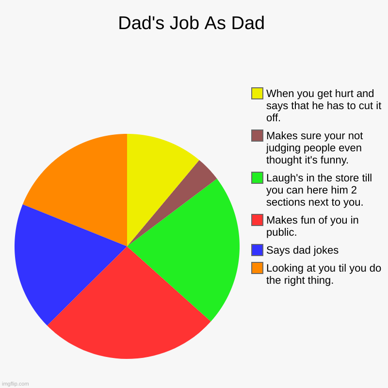 Dad's Job As Dad | Looking at you til you do the right thing., Says dad jokes, Makes fun of you in public., Laugh's in the store till you ca | image tagged in charts,pie charts | made w/ Imgflip chart maker