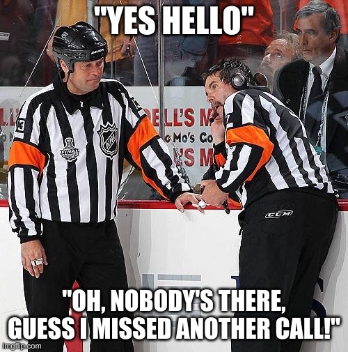 hey ref! | "YES HELLO"; "OH, NOBODY'S THERE, GUESS I MISSED ANOTHER CALL!" | image tagged in hockey referee | made w/ Imgflip meme maker