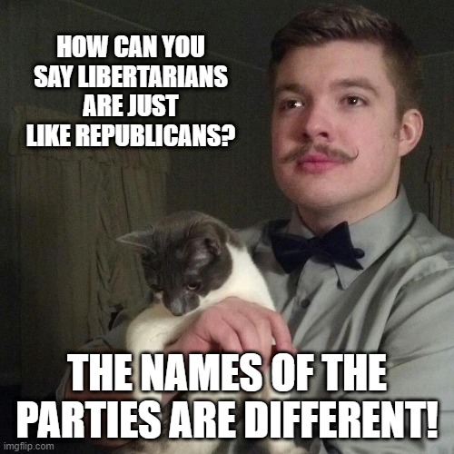 Libertarian | HOW CAN YOU SAY LIBERTARIANS ARE JUST LIKE REPUBLICANS? THE NAMES OF THE PARTIES ARE DIFFERENT! | image tagged in libertarian | made w/ Imgflip meme maker