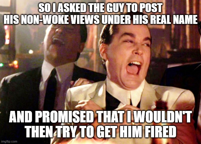 Why the pseudonym? | SO I ASKED THE GUY TO POST HIS NON-WOKE VIEWS UNDER HIS REAL NAME; AND PROMISED THAT I WOULDN'T THEN TRY TO GET HIM FIRED | image tagged in memes,good fellas hilarious | made w/ Imgflip meme maker